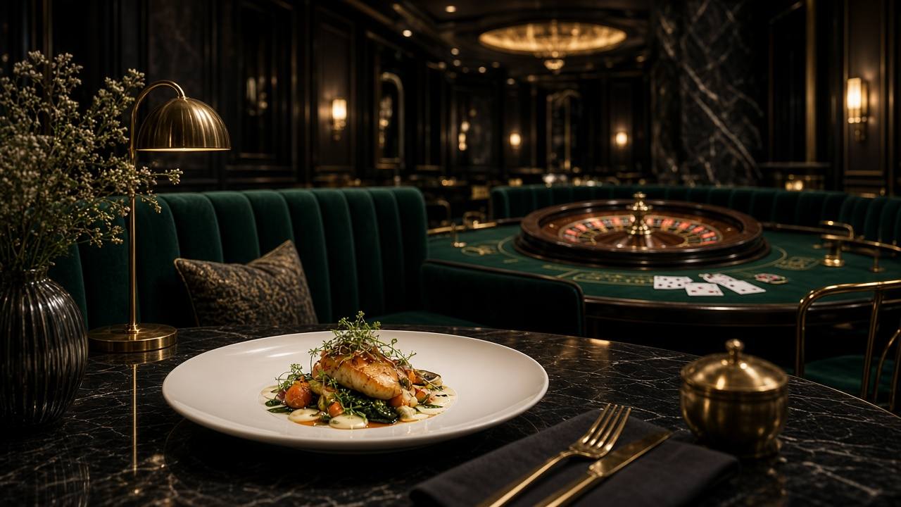 Salon du soir, assiette au premier plan et roulette au fond