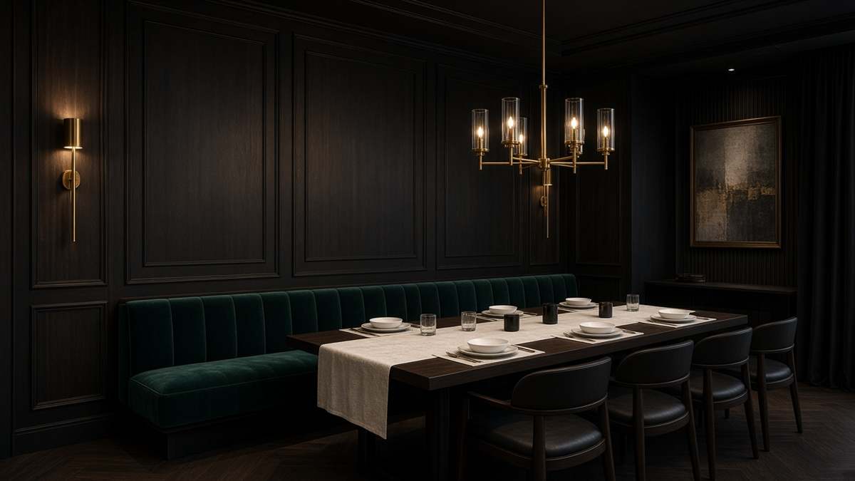 Salle à manger DineryWaiter, banquette émeraude et table dressée